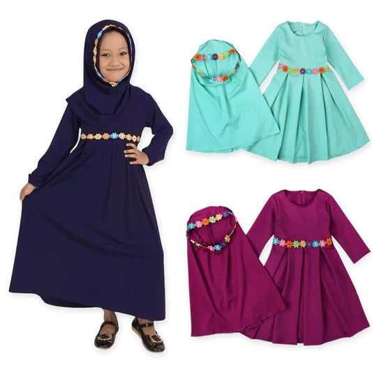 Floral Belt Toddler Dress Set with Matching Head Cover – 2-Piece