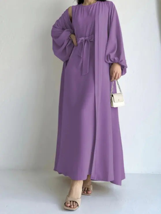 Elegant Two-Piece Maxi Set – Open-Front Dress with Tie Waist