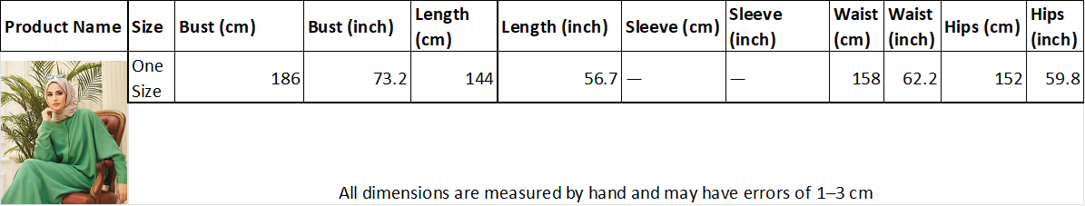 Size Chart - Full-length abaya with long sleeves, soft breathable fabric for modest everyday wear
