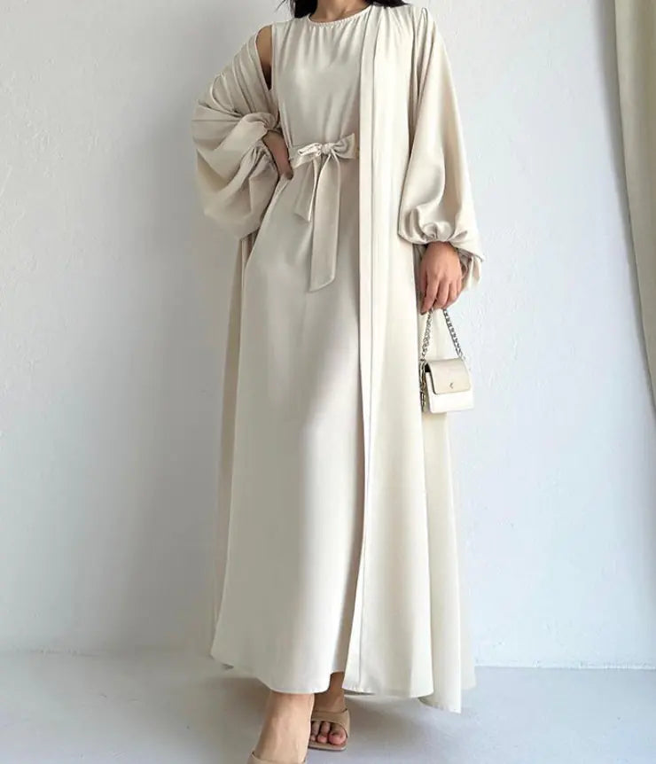 Elegant Two-Piece Maxi Set – Open-Front Dress with Tie Waist