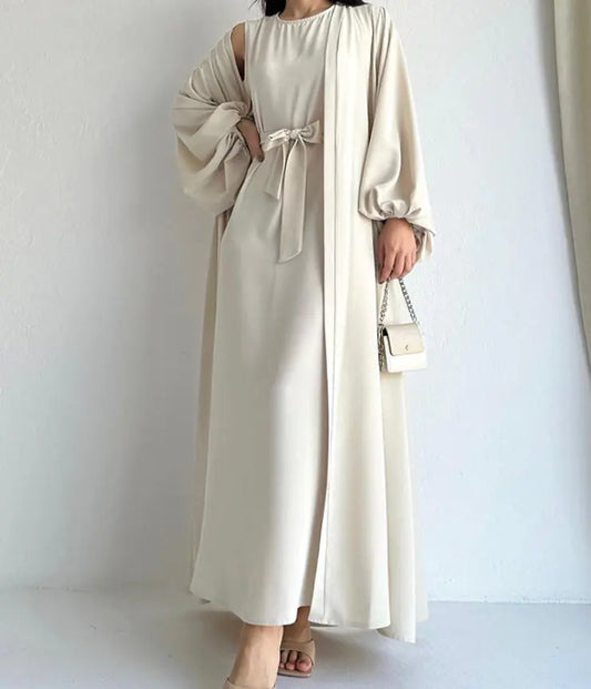 Elegant Two-Piece Maxi Set – Open-Front Dress with Tie Waist