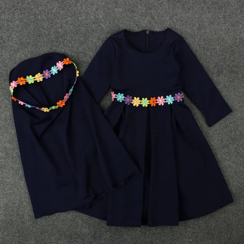 Floral Belt Toddler Dress Set with Matching Head Cover – 2-Piece