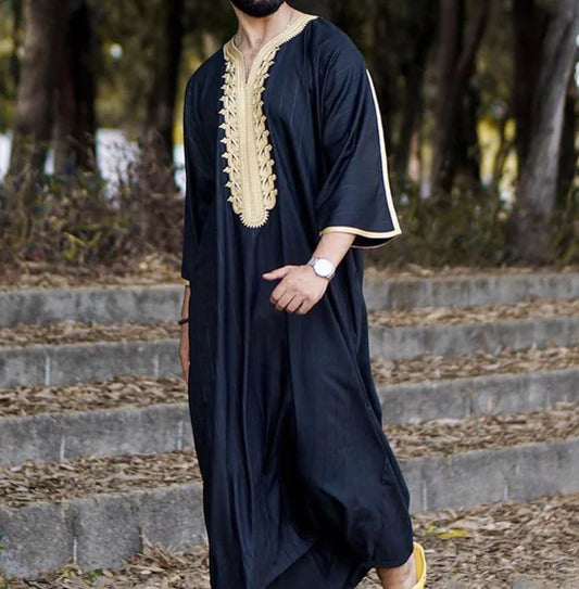 Men’s Long Robe with Embroidered Detail and Pockets