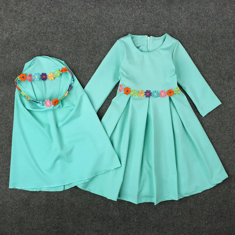 Floral Belt Toddler Dress Set with Matching Head Cover – 2-Piece