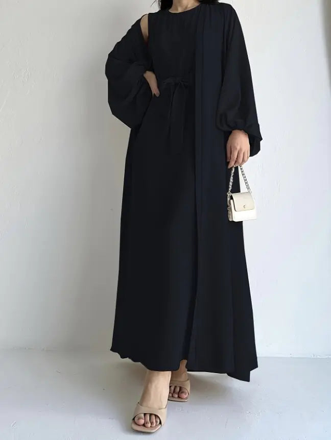 Elegant Two-Piece Maxi Set – Open-Front Dress with Tie Waist