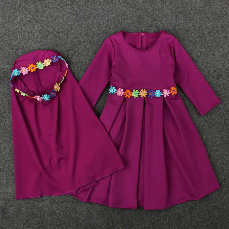 Floral Belt Toddler Dress Set with Matching Head Cover – 2-Piece